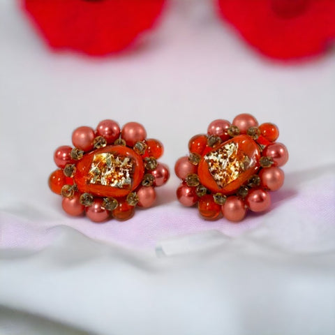 Vintage Japan Orange Foiled Glass Cluster Clip-On Earrings