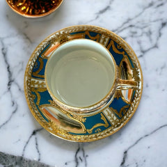 Vintage Japan Moriage Gold & Blue Landscape Porcelain Tea Cup and Saucer Set