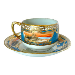 Vintage Japan Moriage Gold & Blue Landscape Porcelain Tea Cup and Saucer Set