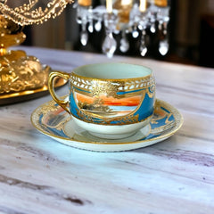 Vintage Japan Moriage Gold & Blue Landscape Porcelain Tea Cup and Saucer Set