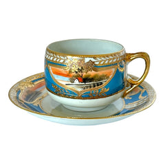 Vintage Japan Moriage Gold & Blue Landscape Porcelain Tea Cup and Saucer Set