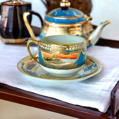 Vintage Japan Moriage Gold & Blue Landscape Porcelain Tea Cup and Saucer Set