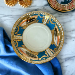 Vintage Japan Moriage Gold & Blue Landscape Porcelain Tea Cup and Saucer Set