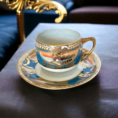 Vintage Japan Moriage Gold & Blue Landscape Porcelain Tea Cup and Saucer Set