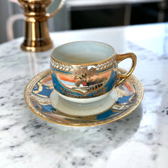 Vintage Japan Moriage Gold & Blue Landscape Porcelain Tea Cup and Saucer Set