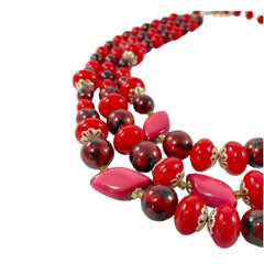 Vintage Japan Red Plastic & Pearlized Beads Gold Tone 3-Strand Necklace