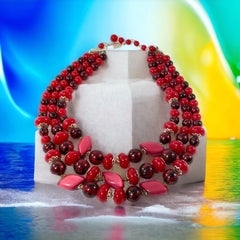 Vintage Japan Red Plastic & Pearlized Beads Gold Tone 3-Strand Necklace