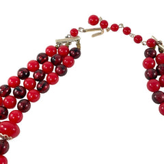 Vintage Japan Red Plastic & Pearlized Beads Gold Tone 3-Strand Necklace