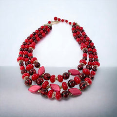 Vintage Japan Red Plastic & Pearlized Beads Gold Tone 3-Strand Necklace