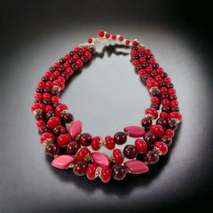 Vintage Japan Red Plastic & Pearlized Beads Gold Tone 3-Strand Necklace