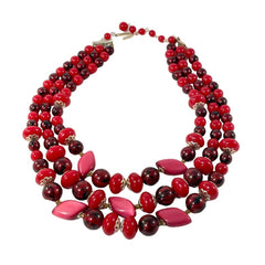 Vintage Japan Red Plastic & Pearlized Beads Gold Tone 3-Strand Necklace