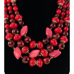 Vintage Japan Red Plastic & Pearlized Beads Gold Tone 3-Strand Necklace