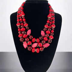 Vintage Japan Red Plastic & Pearlized Beads Gold Tone 3-Strand Necklace