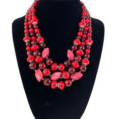 Vintage Japan Red Plastic & Pearlized Beads Gold Tone 3-Strand Necklace