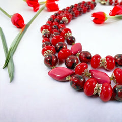 Vintage Japan Red Plastic & Pearlized Beads Gold Tone 3-Strand Necklace