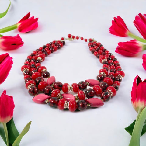 Vintage Japan Red Plastic & Pearlized Beads Gold Tone 3-Strand Necklace