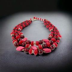 Vintage Japan Red Plastic & Pearlized Beads Gold Tone 3-Strand Necklace