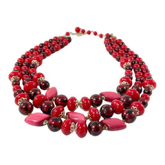 Vintage Japan Red Plastic & Pearlized Beads Gold Tone 3-Strand Necklace