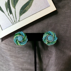 Vintage 1950s Japan clip-on earrings with turquoise bead center, green and turquoise seed beads, and silver tone ring.