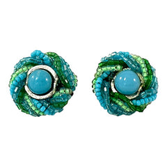 Vintage 1950s Japan clip-on earrings with turquoise bead center, green and turquoise seed beads, and silver tone ring.