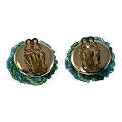 Vintage 1950s Japan clip-on earrings with turquoise bead center, green and turquoise seed beads, and silver tone ring.