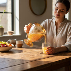 Vintage Jeannette marigold carnival glass pitcher with irises and herringbone pattern, ideal for sustainable home decor or serving drinks in eco-conscious style.