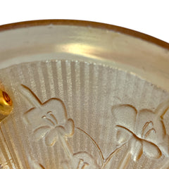 Vintage Jeannette marigold carnival glass pitcher with irises and herringbone pattern, ideal for sustainable home decor or serving drinks in eco-conscious style.