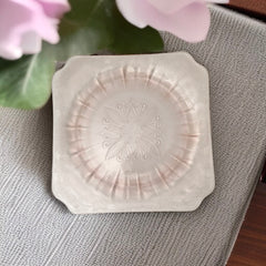Vintage Jeannette Adams pink Depression glass square plate with floral scroll pattern, 1930s, 7⅝ inches