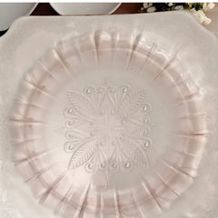 Vintage Jeannette Adams pink Depression glass square plate with floral scroll pattern, 1930s, 7⅝ inches