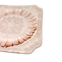 Vintage Jeannette Adams pink Depression glass square plate with floral scroll pattern, 1930s, 7⅝ inches