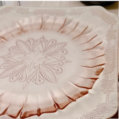 Vintage Jeannette Adams pink Depression glass square plate with floral scroll pattern, 1930s, 7⅝ inches