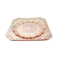 Vintage Jeannette Adams pink Depression glass square plate with floral scroll pattern, 1930s, 7⅝ inches