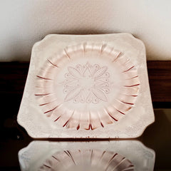 Vintage Jeannette Adams pink Depression glass square plate with floral scroll pattern, 1930s, 7⅝ inches