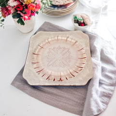 Vintage Jeannette Adams pink Depression glass square plate with floral scroll pattern, 1930s, 7⅝ inches
