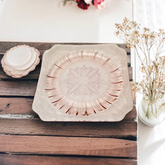 Vintage Jeannette Adams pink Depression glass square plate with floral scroll pattern, 1930s, 7⅝ inches