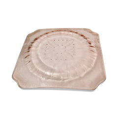 Vintage Jeannette Adams pink Depression glass square plate with floral scroll pattern, 1930s, 7⅝ inches