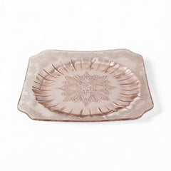 Vintage Jeannette Adams pink Depression glass square plate with floral scroll pattern, 1930s, 7⅝ inches