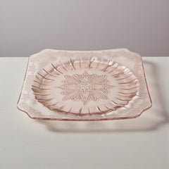 Vintage Jeannette Adams pink Depression glass square plate with floral scroll pattern, 1930s, 7⅝ inches