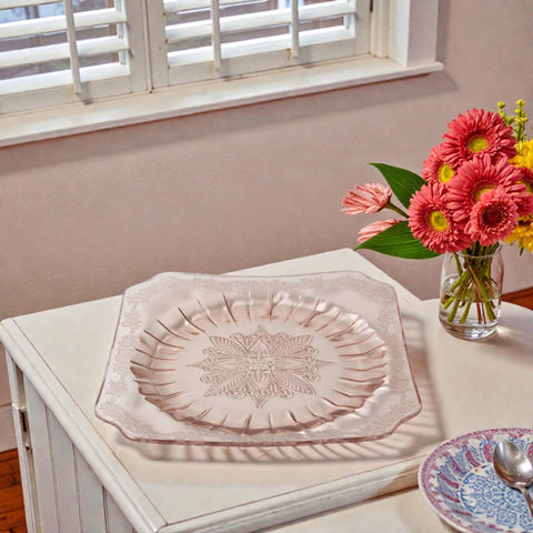 Vintage Jeannette Adams pink Depression glass square plate with floral scroll pattern, 1930s, 7⅝ inches