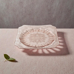 Vintage Jeannette Adams pink Depression glass square plate with floral scroll pattern, 1930s, 7⅝ inches