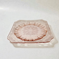 Vintage Jeannette Adams pink Depression glass square plate with floral scroll pattern, 1930s, 7⅝ inches