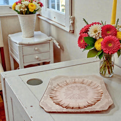 Vintage Jeannette Adams pink Depression glass square plate with floral scroll pattern, 1930s, 7⅝ inches