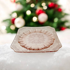 Vintage Jeannette Adams pink Depression glass square plate with floral scroll pattern, 1930s, 7⅝ inches