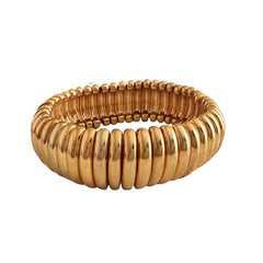 Vintage Joan Rivers gold‑tone link bracelet with rounded segments and elastic stretch design, shown from various angles to display details and condition.