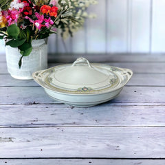 Vintage Johnson Bros England Round Covered Vegetable Serving Bowl | Floral Pattern JB126 Gold Trim Handled Serving Bowl