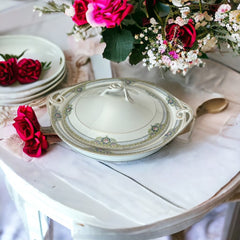 Vintage Johnson Bros England Round Covered Vegetable Serving Bowl | Floral Pattern JB126 Gold Trim Handled Serving Bowl