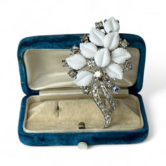 Vintage Jomaz floral spray brooch with molded milk glass leaves and aurora borealis rhinestones in silver tone setting, signed on reverse—1950s mid-century costume jewelry in excellent condition.