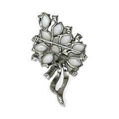 Vintage Jomaz floral spray brooch with molded milk glass leaves and aurora borealis rhinestones in silver tone setting, signed on reverse—1950s mid-century costume jewelry in excellent condition.