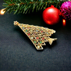 Vintage JJ Jonette 1970s Christmas Tree Brooch | Multicolor Rhinestones Gold Tone Holiday Pin | Holiday Gift Idea