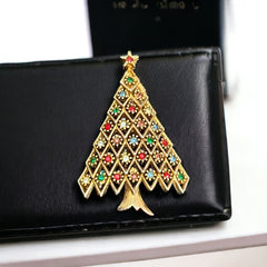 Vintage JJ Jonette 1970s Christmas Tree Brooch | Multicolor Rhinestones Gold Tone Holiday Pin | Holiday Gift Idea